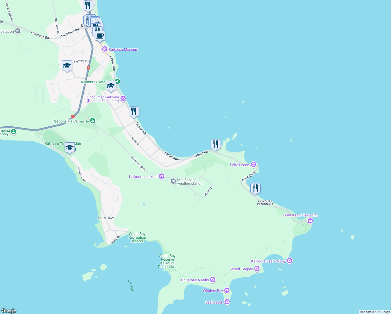 map of restaurants, bars, coffee shops, grocery stores, and more near 270 Esplanade in Kaikoura