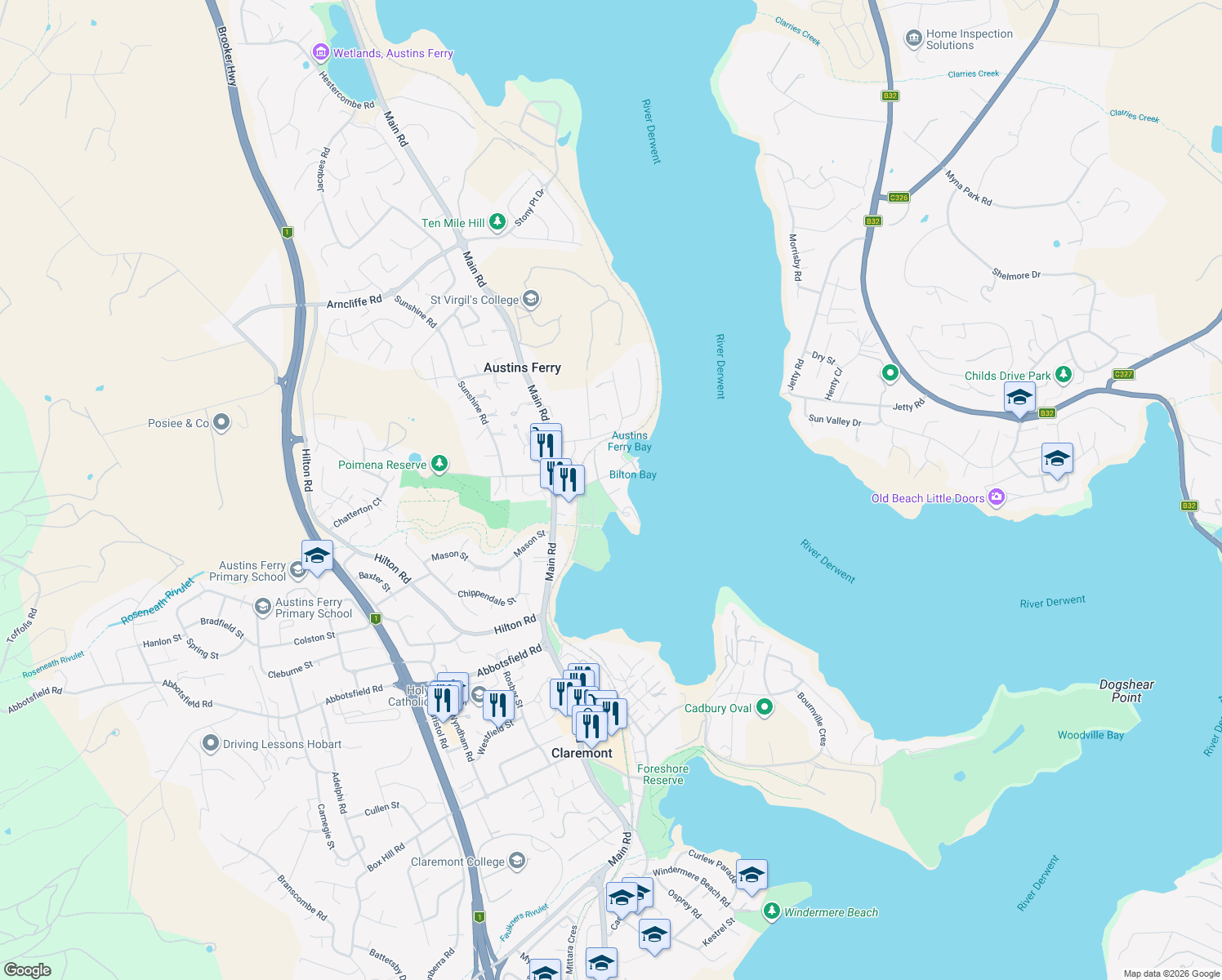 map of restaurants, bars, coffee shops, grocery stores, and more near 2 Harbinger Lane in Austins Ferry