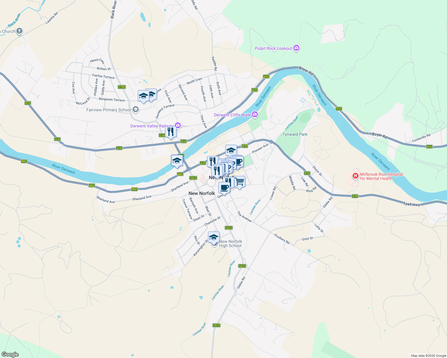map of restaurants, bars, coffee shops, grocery stores, and more near 32 Burnett Street in New Norfolk