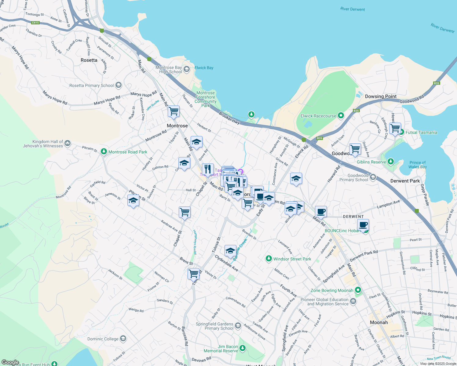 map of restaurants, bars, coffee shops, grocery stores, and more near 387-391 Main Road in Glenorchy