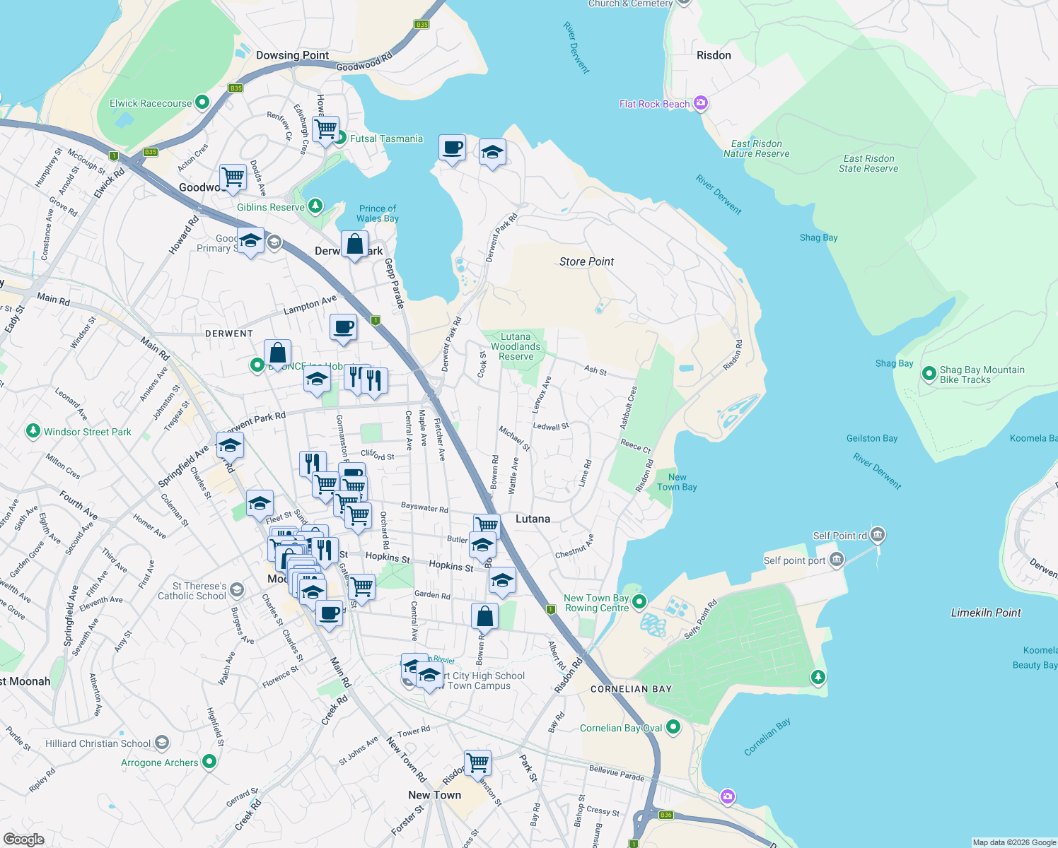 map of restaurants, bars, coffee shops, grocery stores, and more near 56 Lennox Avenue in Lutana