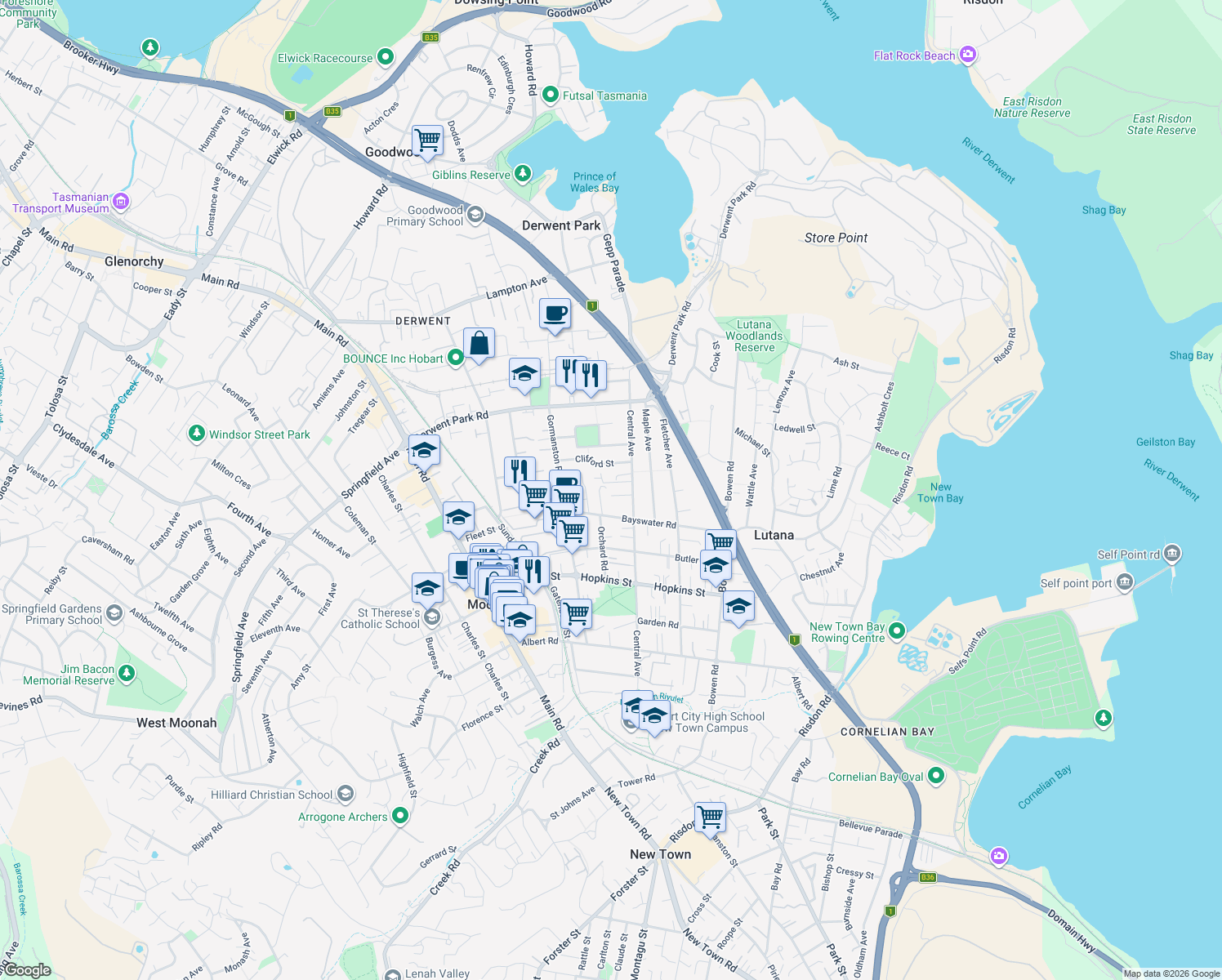 map of restaurants, bars, coffee shops, grocery stores, and more near in Moonah