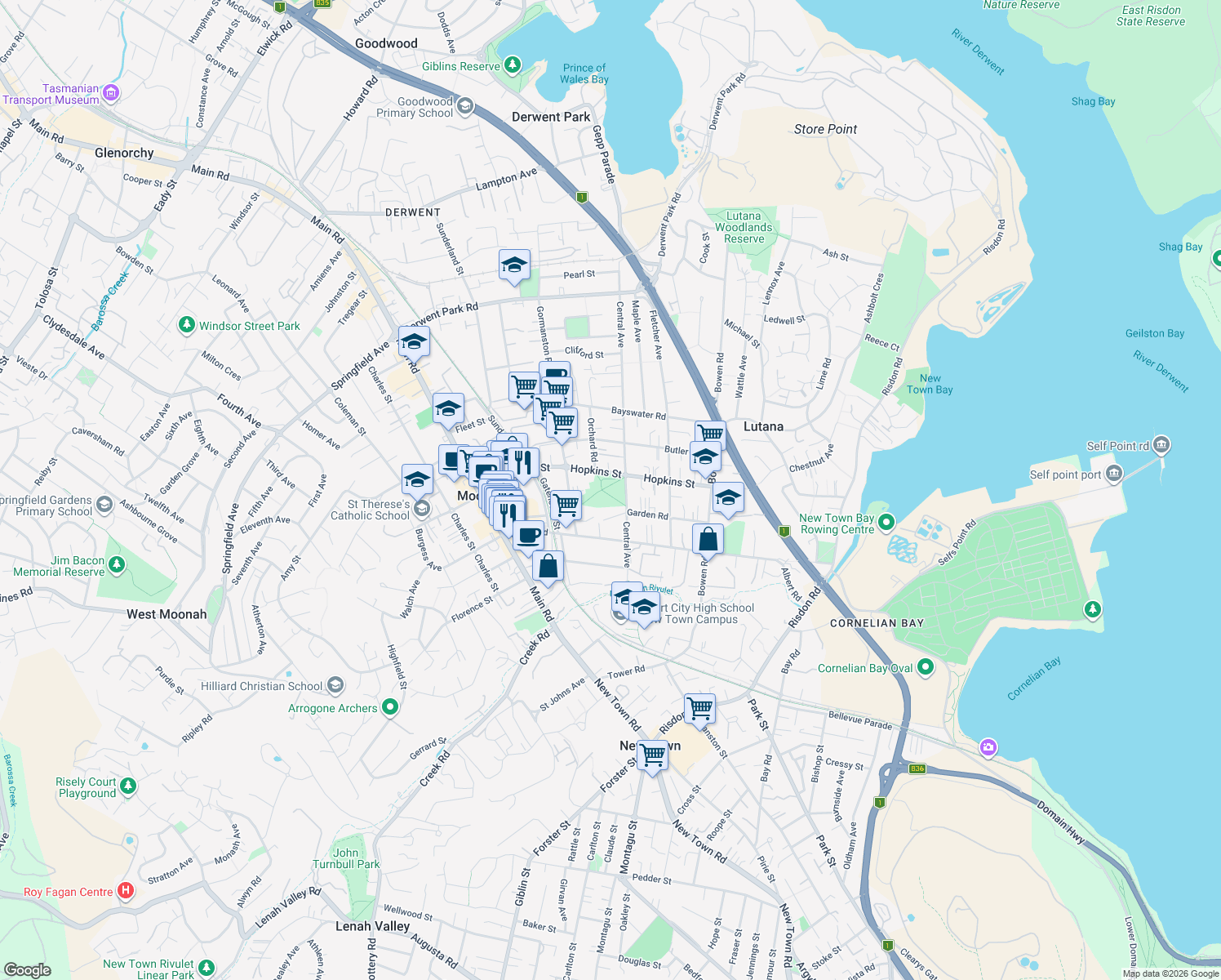 map of restaurants, bars, coffee shops, grocery stores, and more near 7 Gormanston Road in Moonah