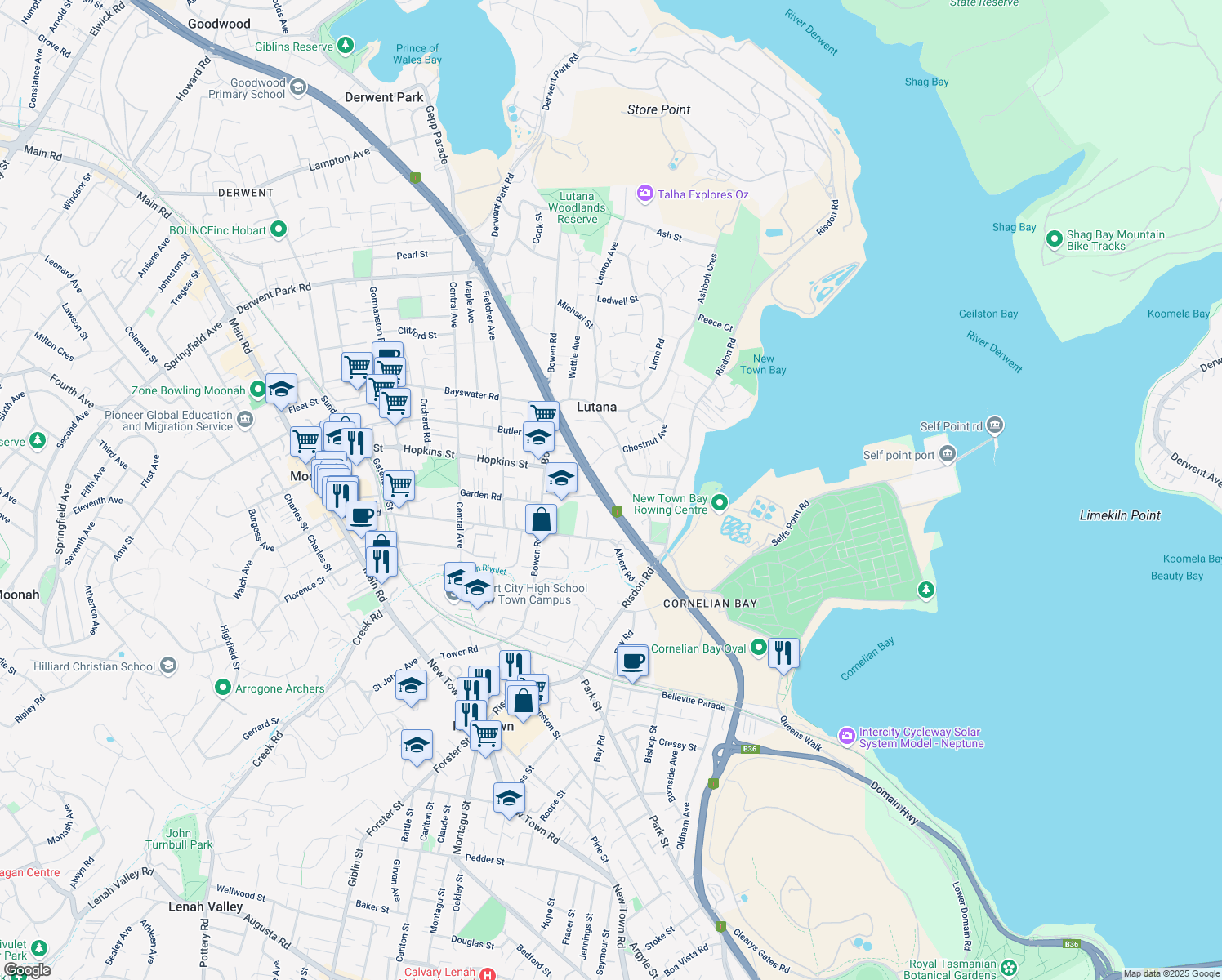 map of restaurants, bars, coffee shops, grocery stores, and more near 325 Brooker Highway in Lutana
