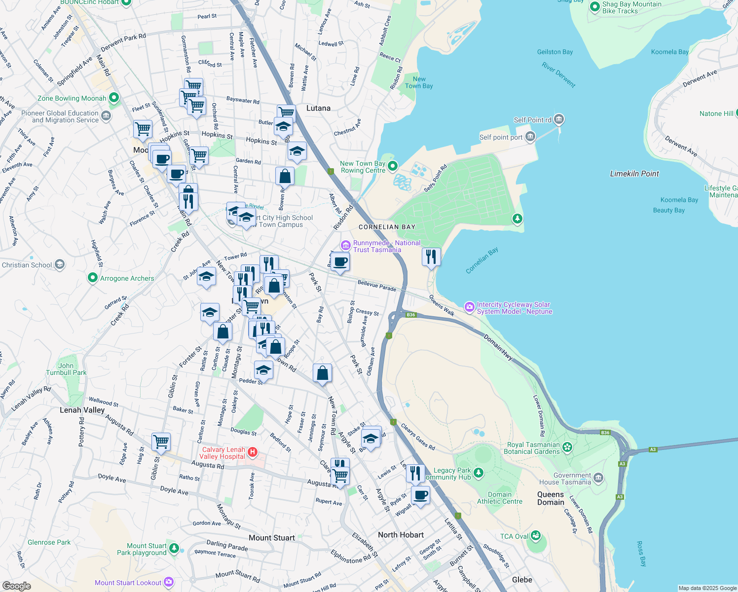 map of restaurants, bars, coffee shops, grocery stores, and more near Loina Street in New Town