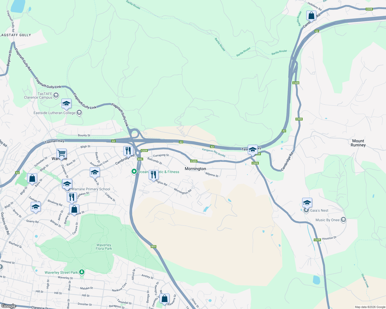 map of restaurants, bars, coffee shops, grocery stores, and more near 17 Brookston Drive in Mornington