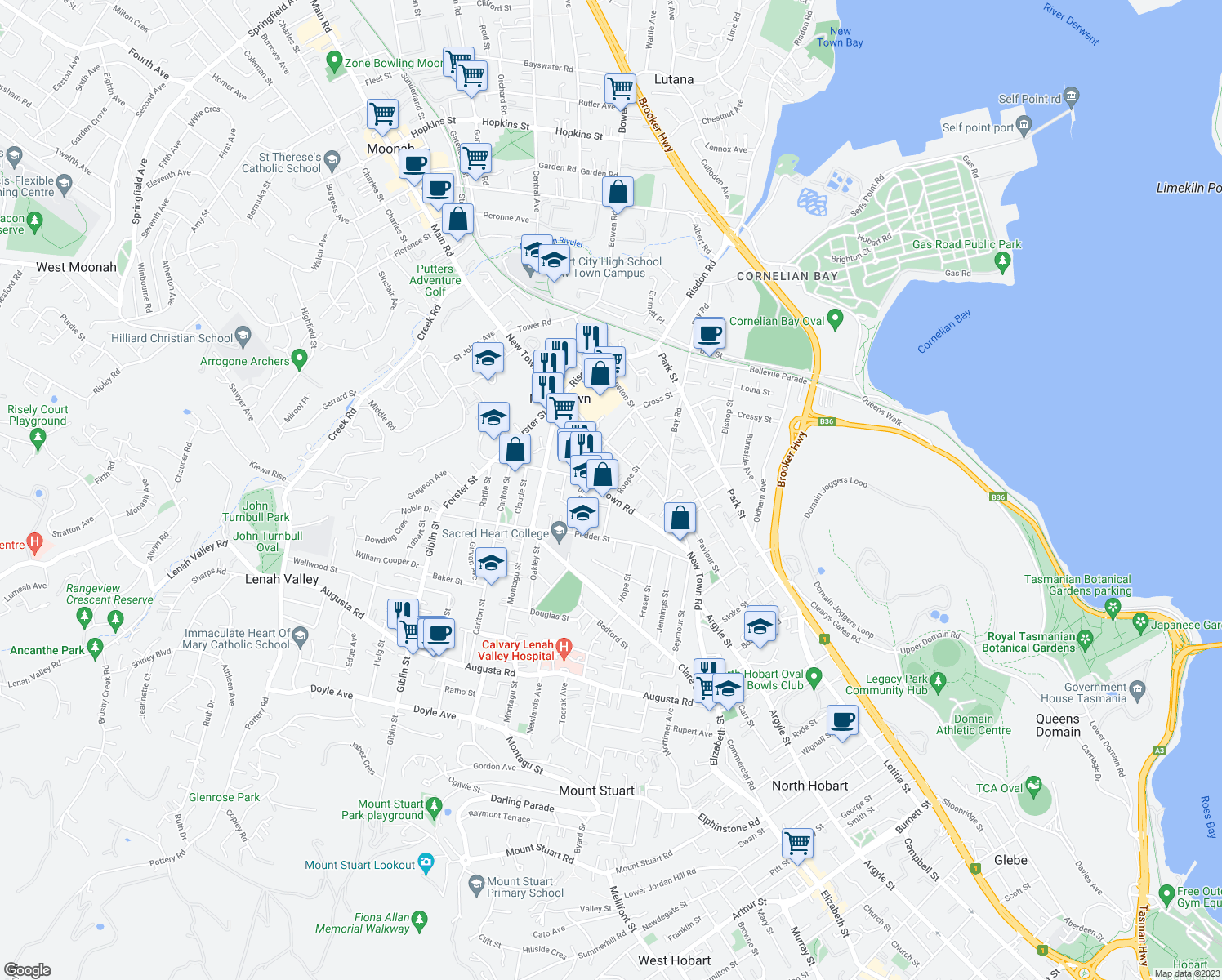 map of restaurants, bars, coffee shops, grocery stores, and more near 139b New Town Road in New Town