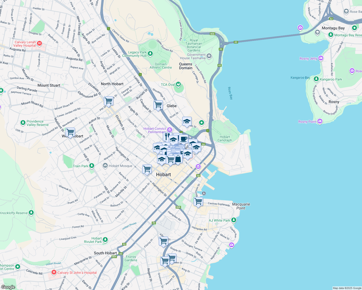 map of restaurants, bars, coffee shops, grocery stores, and more near 6 Bathurst Street in Hobart