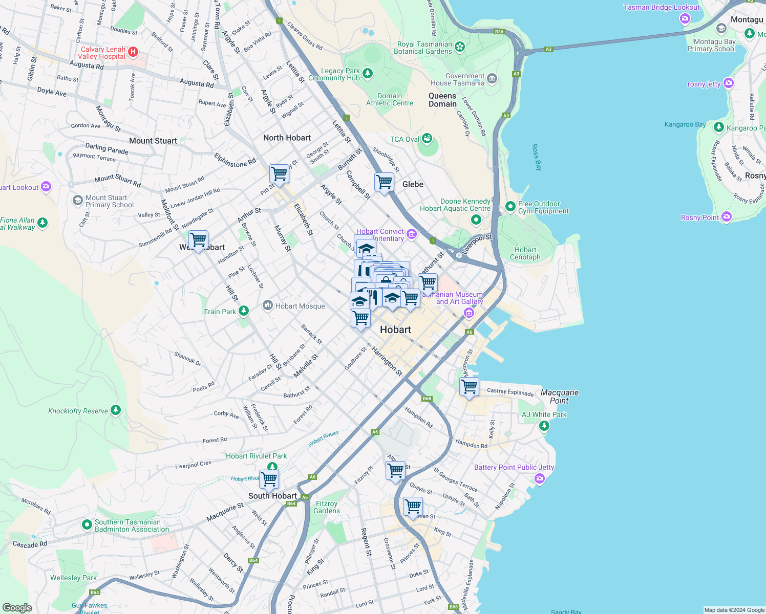 map of restaurants, bars, coffee shops, grocery stores, and more near 99 Bathurst Street in Hobart