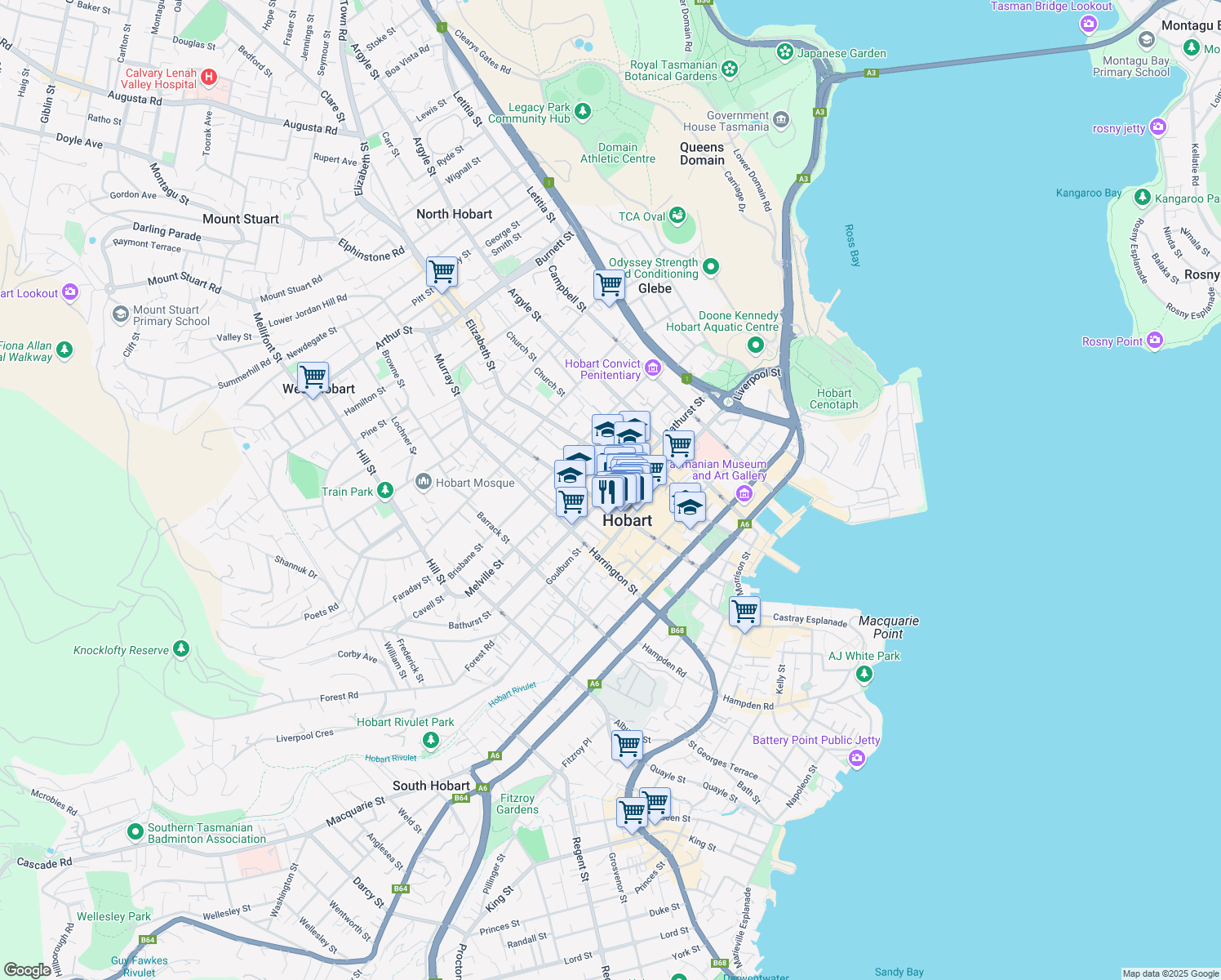 map of restaurants, bars, coffee shops, grocery stores, and more near 99 Bathurst Street in Hobart