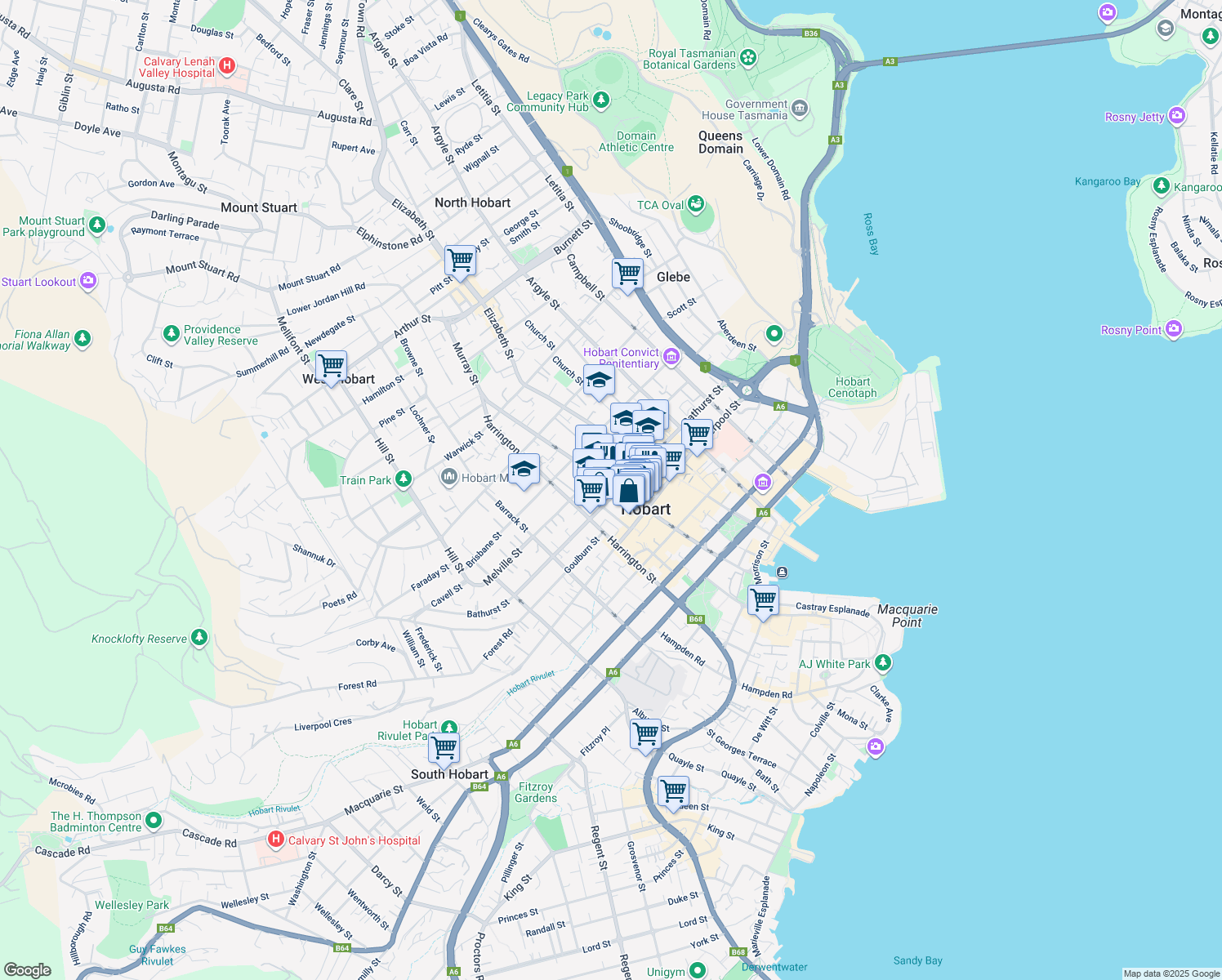 map of restaurants, bars, coffee shops, grocery stores, and more near 126 Murray Street in Hobart