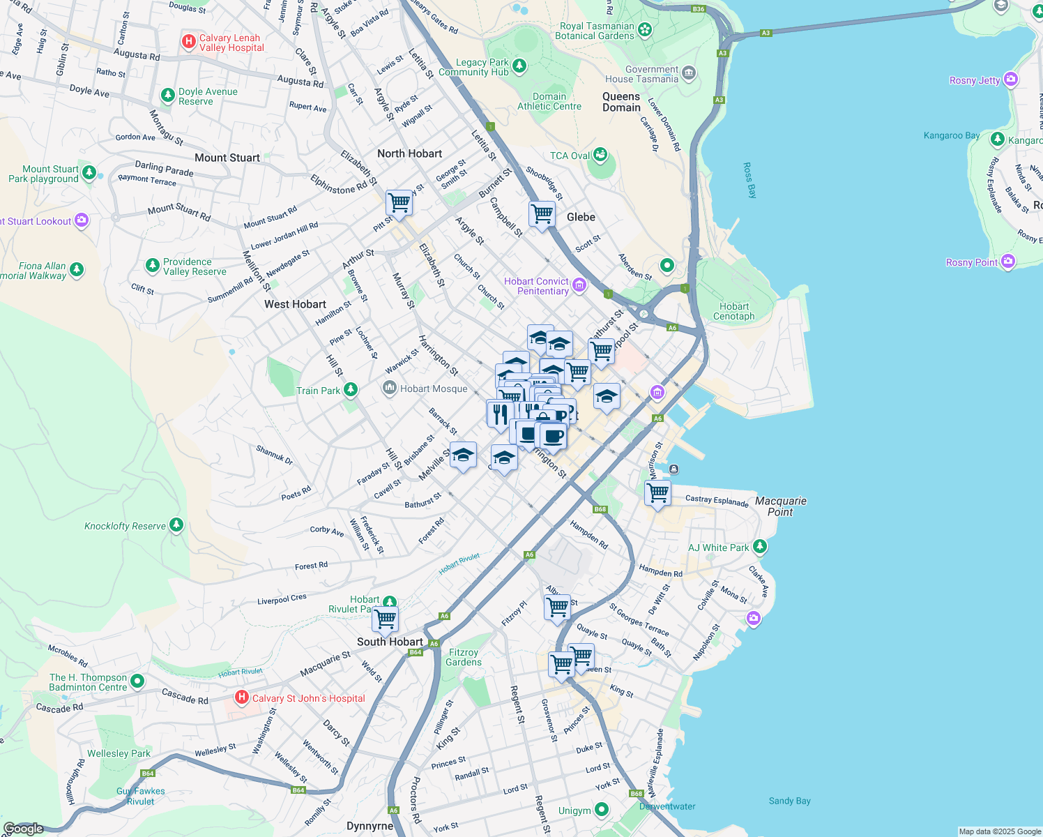 map of restaurants, bars, coffee shops, grocery stores, and more near 126 Bathurst Street in Hobart