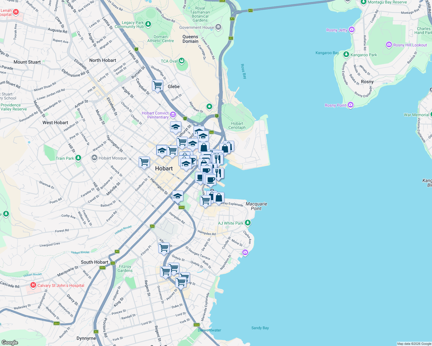 map of restaurants, bars, coffee shops, grocery stores, and more near 1 Franklin Wharf in Hobart