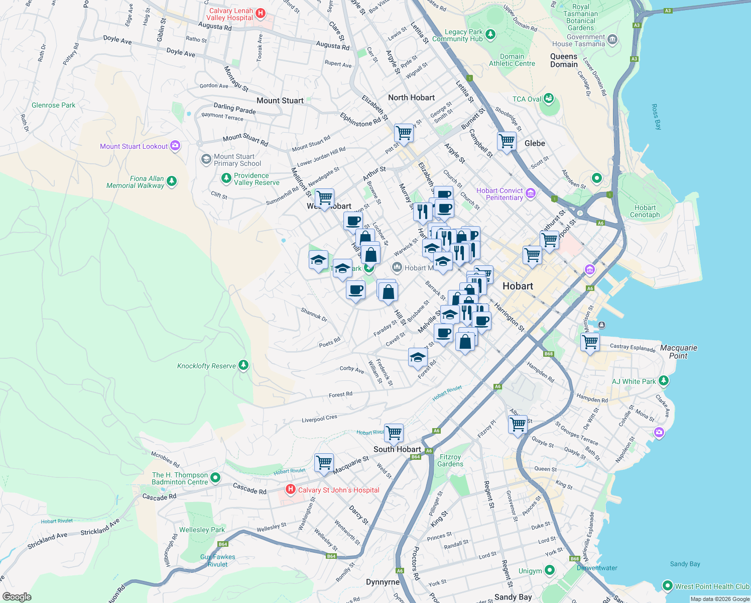 map of restaurants, bars, coffee shops, grocery stores, and more near 8 Allison Street in West Hobart