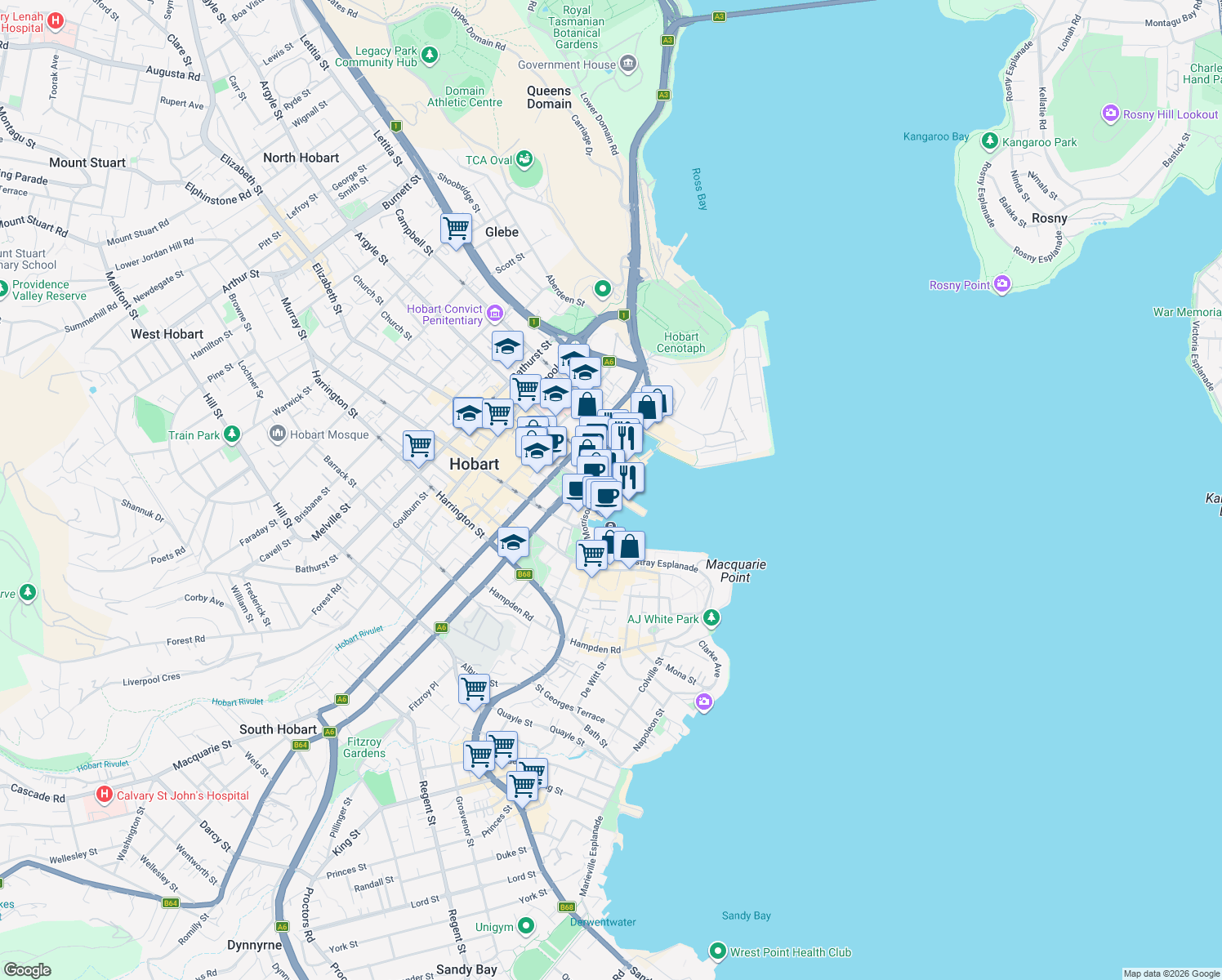 map of restaurants, bars, coffee shops, grocery stores, and more near 1 Franklin Wharf in Hobart