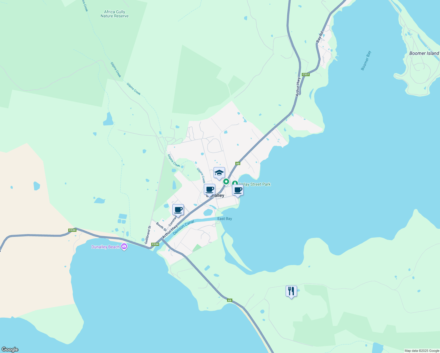 map of restaurants, bars, coffee shops, grocery stores, and more near 20 Bay Street in Dunalley
