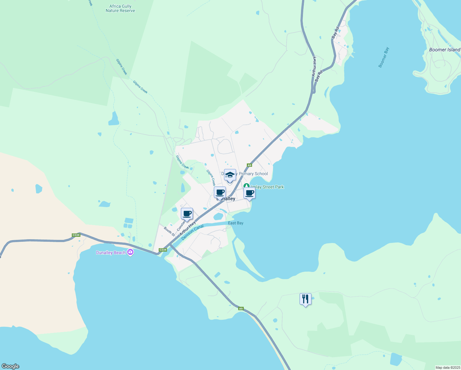 map of restaurants, bars, coffee shops, grocery stores, and more near 20 Bay Street in Dunalley
