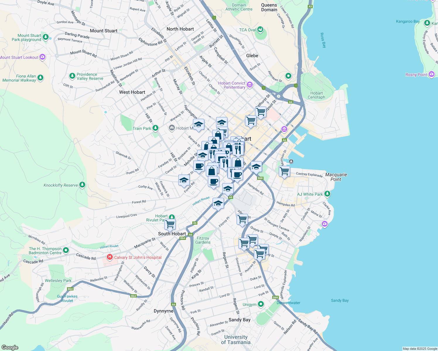map of restaurants, bars, coffee shops, grocery stores, and more near 199 Collins Street in Hobart