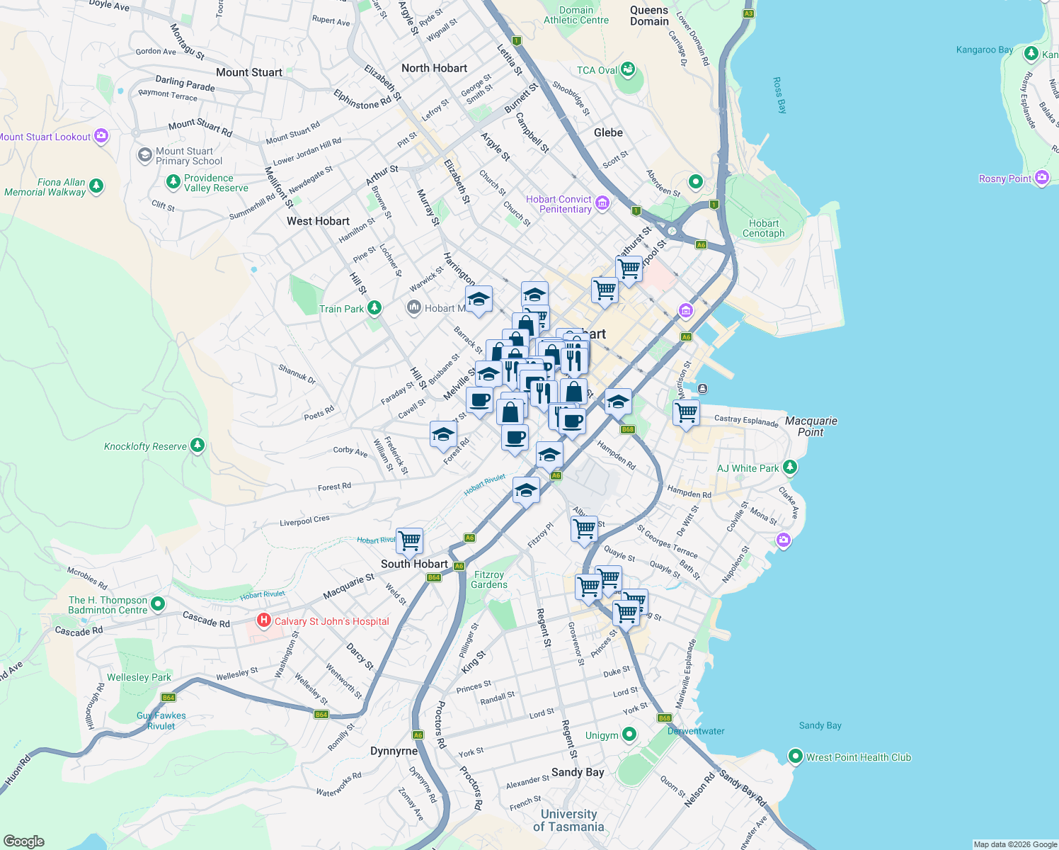 map of restaurants, bars, coffee shops, grocery stores, and more near 199 Collins Street in Hobart