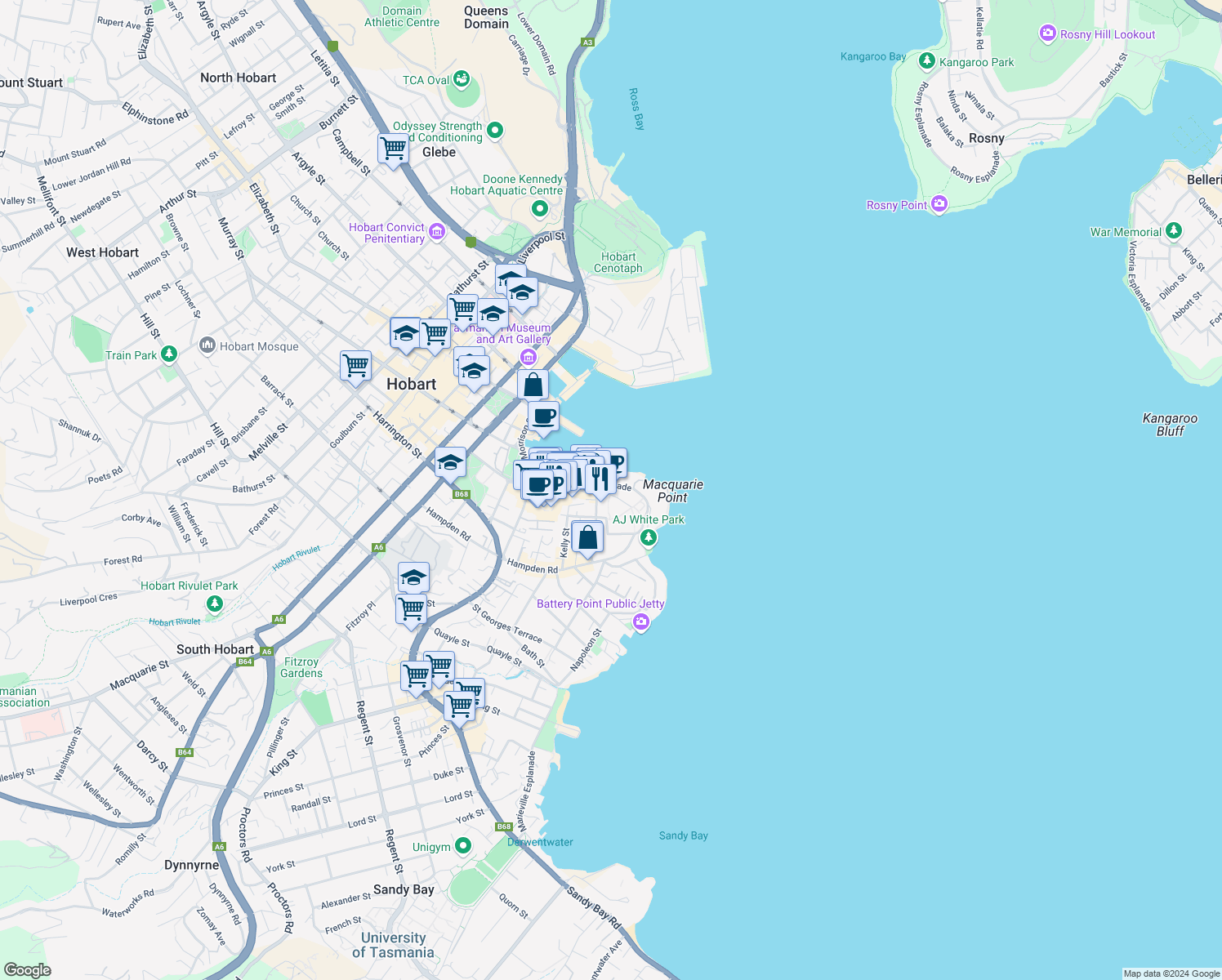 map of restaurants, bars, coffee shops, grocery stores, and more near 13-17 Castray Esplanade in Battery Point