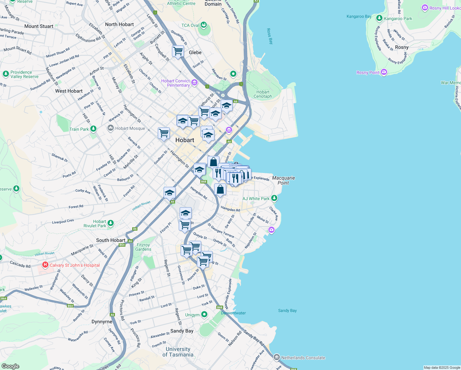map of restaurants, bars, coffee shops, grocery stores, and more near 4 Salamanca Square in Battery Point