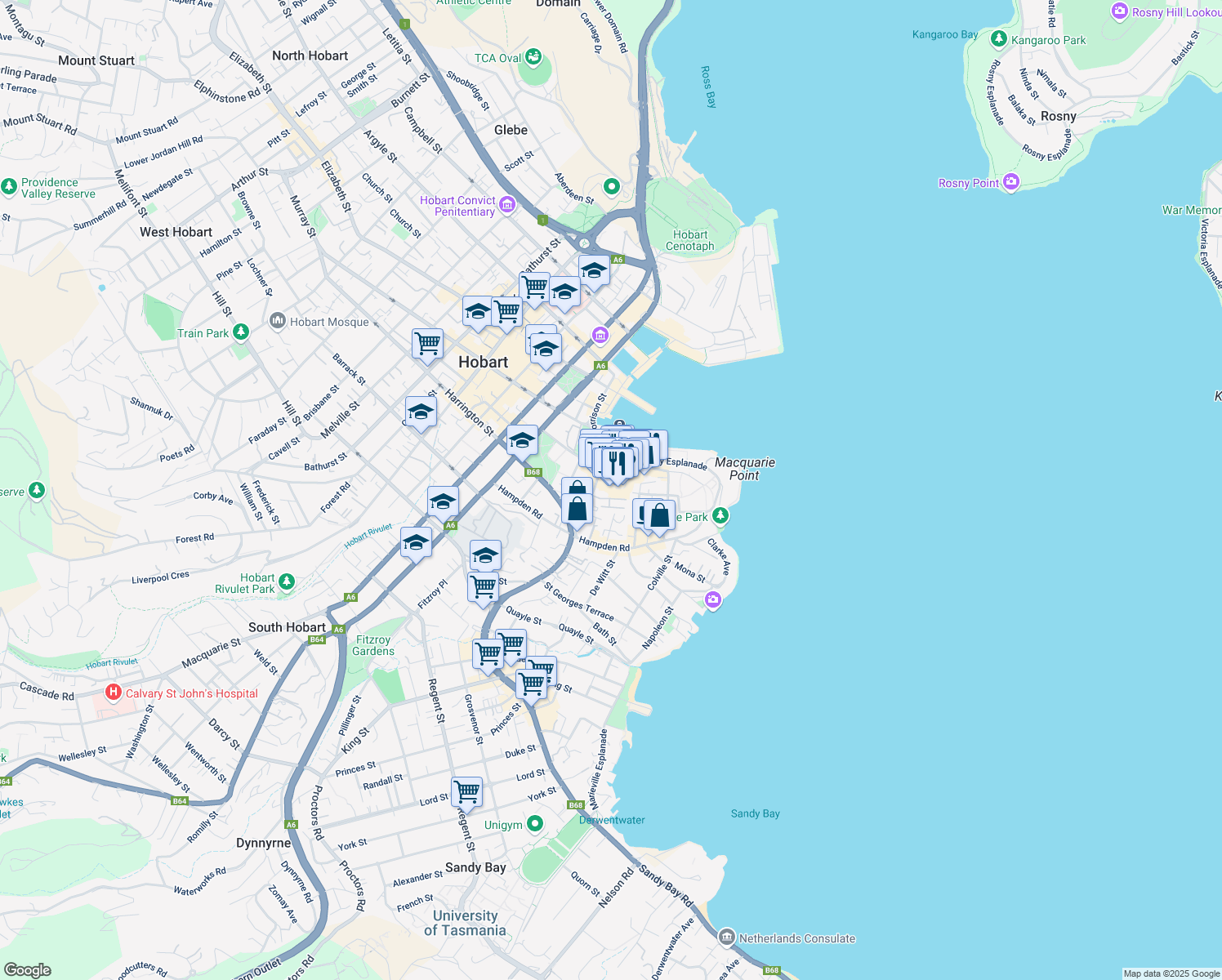 map of restaurants, bars, coffee shops, grocery stores, and more near 4 Salamanca Square in Battery Point