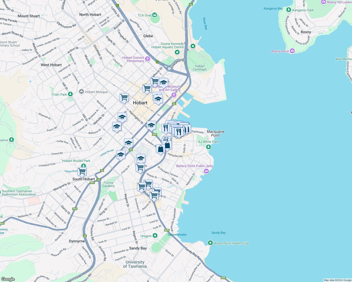 map of restaurants, bars, coffee shops, grocery stores, and more near 48 Salamanca Square in Battery Point