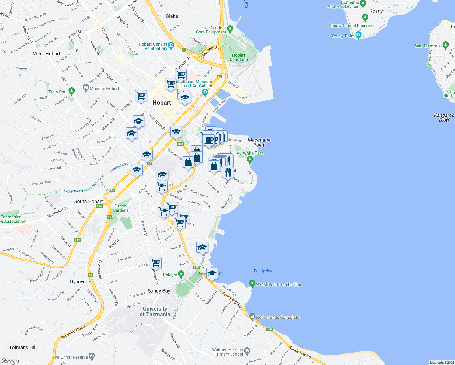 map of restaurants, bars, coffee shops, grocery stores, and more near 31 Colville Street in Battery Point