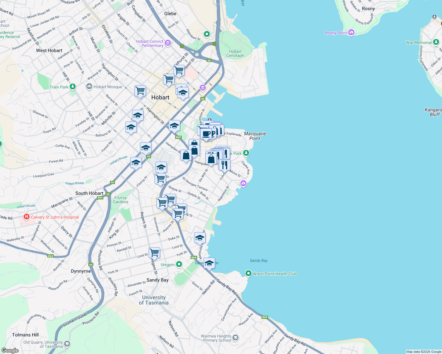 map of restaurants, bars, coffee shops, grocery stores, and more near 31 Colville Street in Battery Point