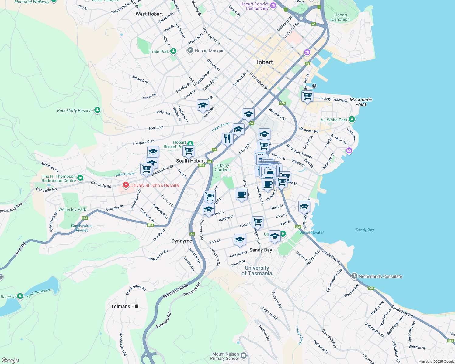 map of restaurants, bars, coffee shops, grocery stores, and more near 11 Parliament Street in Sandy Bay
