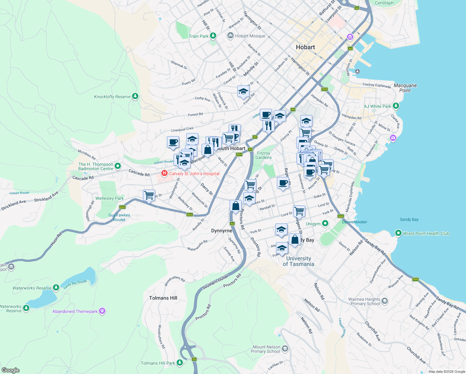 map of restaurants, bars, coffee shops, grocery stores, and more near 9 Davey Place in South Hobart