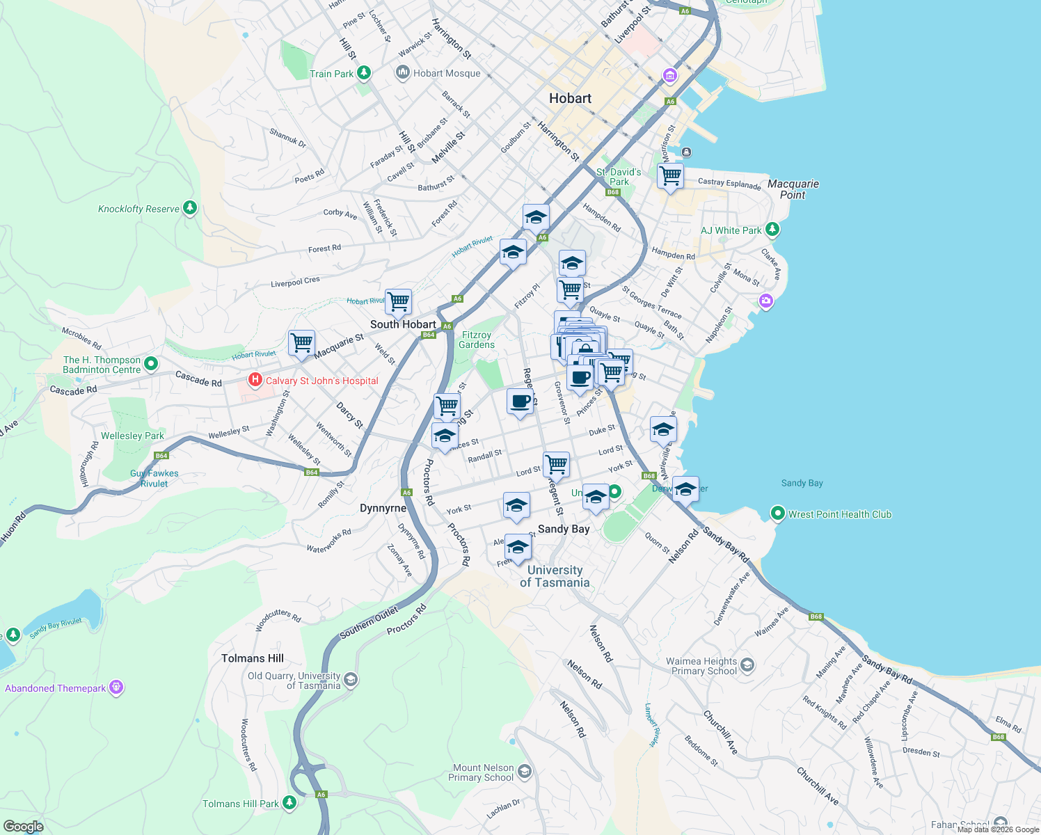 map of restaurants, bars, coffee shops, grocery stores, and more near 4 Crisp Street in Sandy Bay