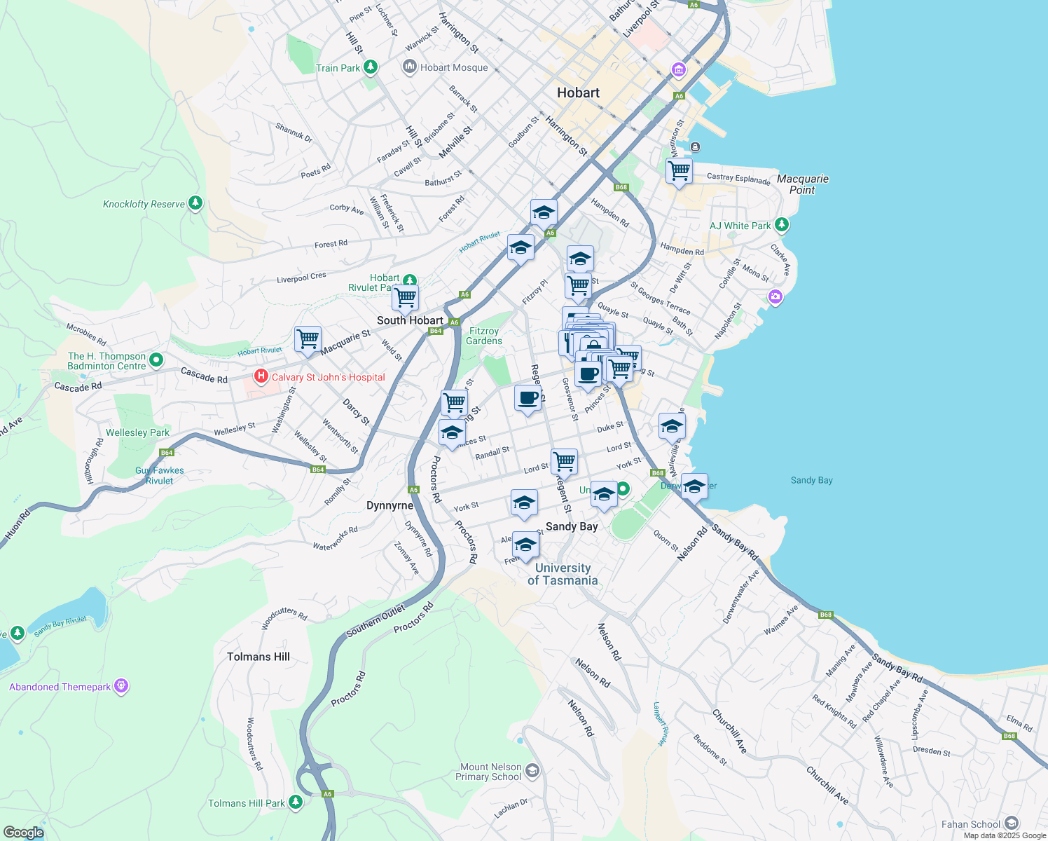 map of restaurants, bars, coffee shops, grocery stores, and more near 4 Crisp Street in Sandy Bay