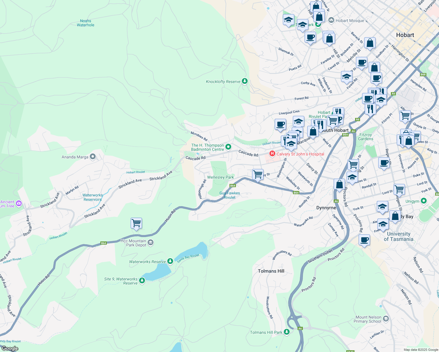 map of restaurants, bars, coffee shops, grocery stores, and more near 136 Wentworth Street in South Hobart