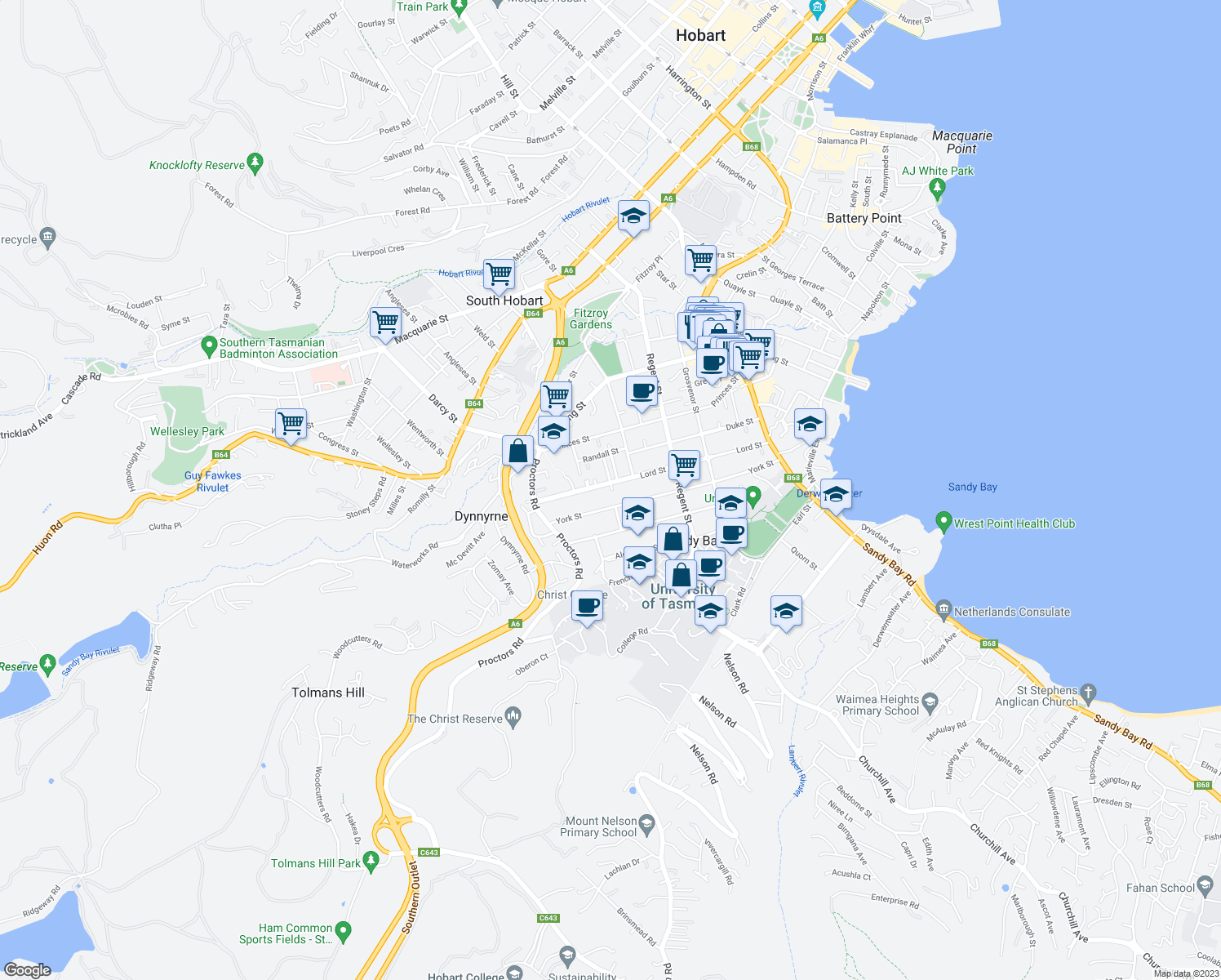 map of restaurants, bars, coffee shops, grocery stores, and more near 75 Lord Street in Sandy Bay