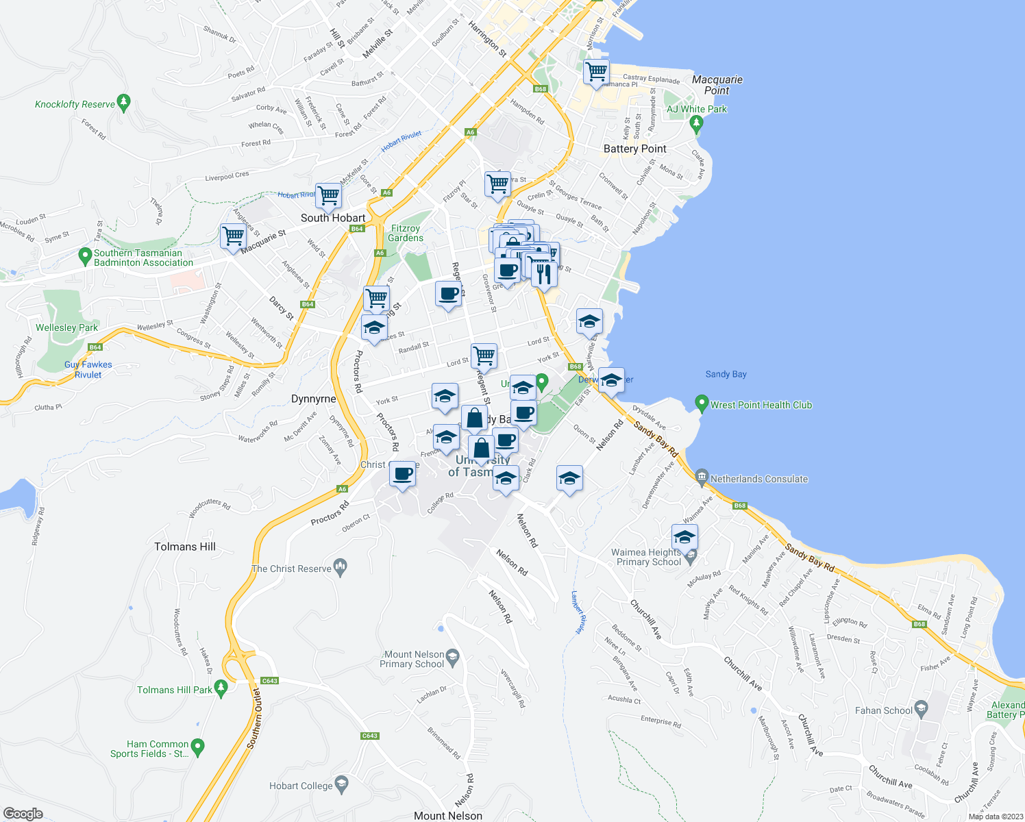 map of restaurants, bars, coffee shops, grocery stores, and more near in Sandy Bay