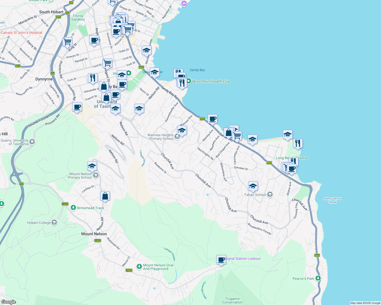 map of restaurants, bars, coffee shops, grocery stores, and more near 37 Maning Avenue in Sandy Bay