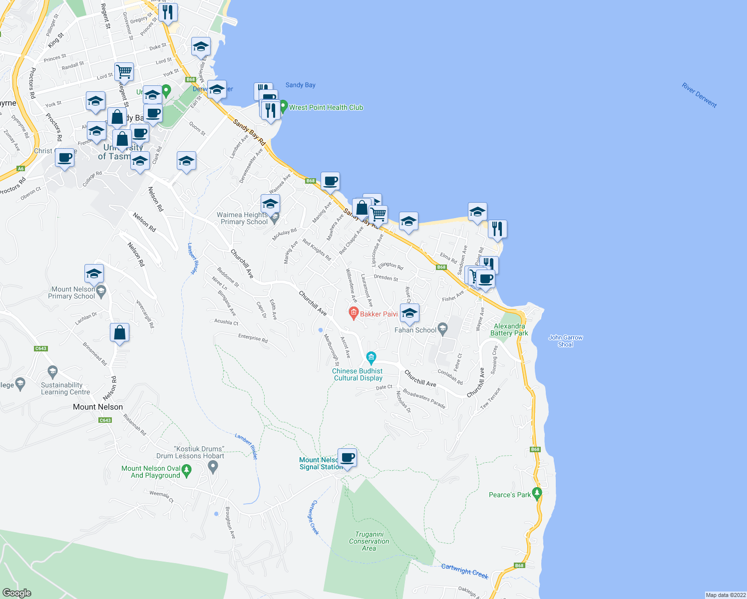 map of restaurants, bars, coffee shops, grocery stores, and more near 20 Lauramont Avenue in Sandy Bay