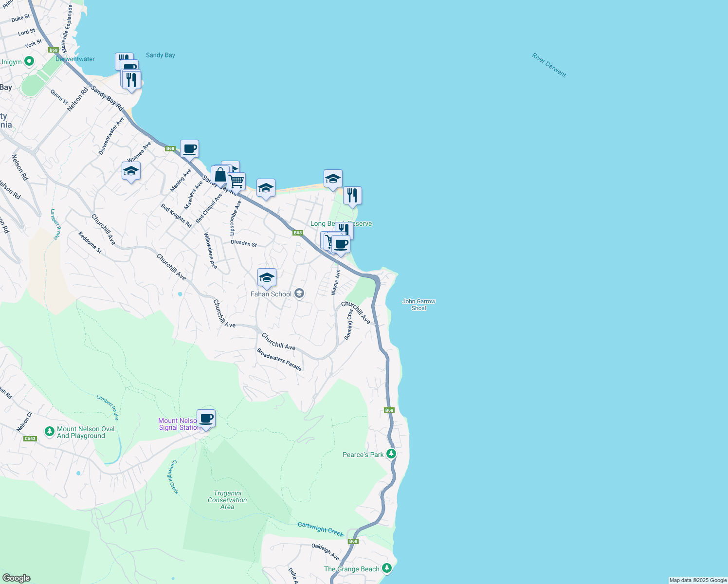 map of restaurants, bars, coffee shops, grocery stores, and more near 629-663 Sandy Bay Road in Sandy Bay