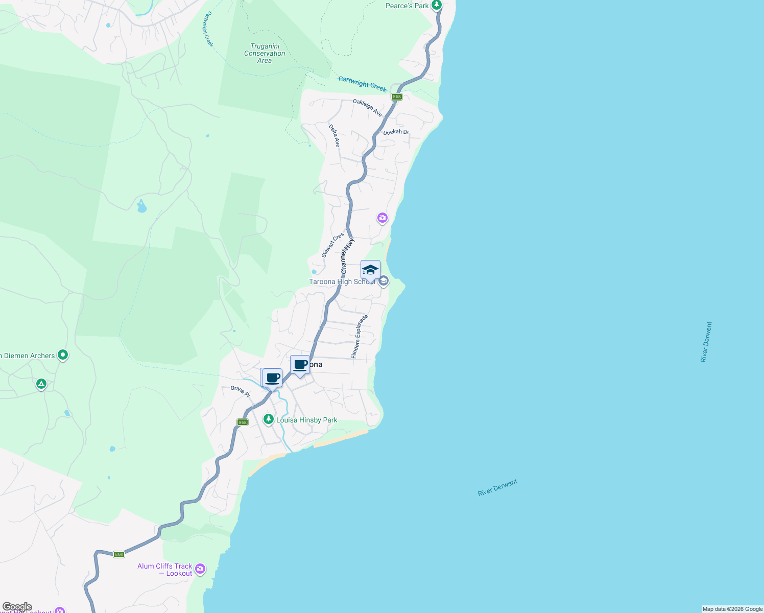 map of restaurants, bars, coffee shops, grocery stores, and more near 1 Melinga Place in Taroona