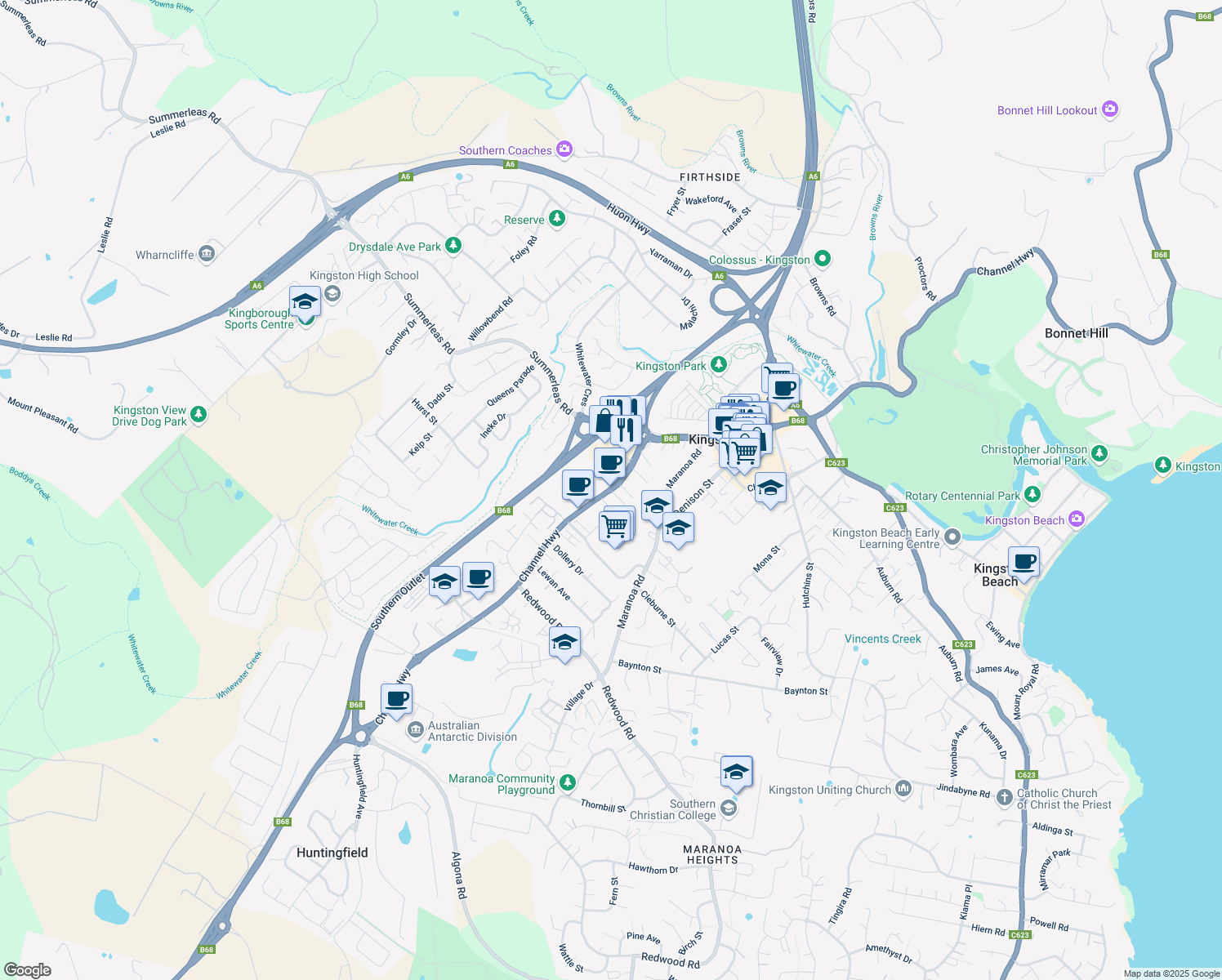 map of restaurants, bars, coffee shops, grocery stores, and more near Channel Highway in Kingston
