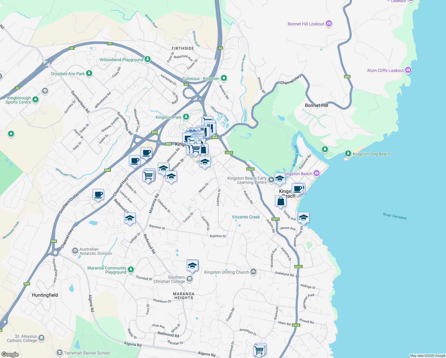 map of restaurants, bars, coffee shops, grocery stores, and more near 34 Hutchins Street in Kingston