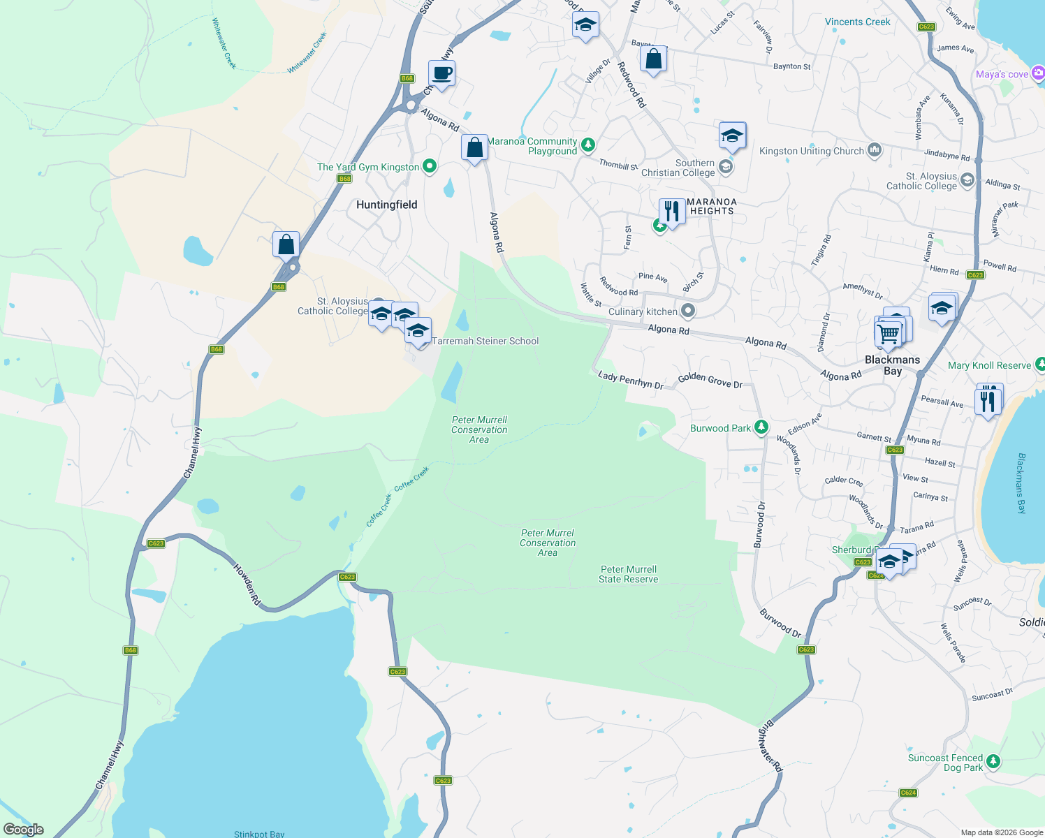 map of restaurants, bars, coffee shops, grocery stores, and more near in Huntingfield