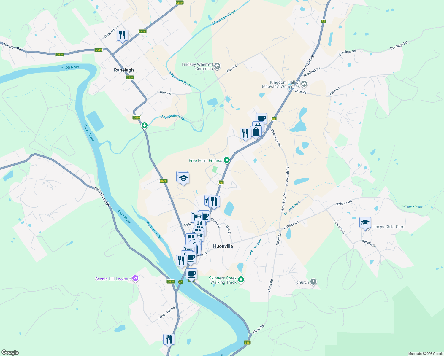 map of restaurants, bars, coffee shops, grocery stores, and more near 133 Main Street in Huonville