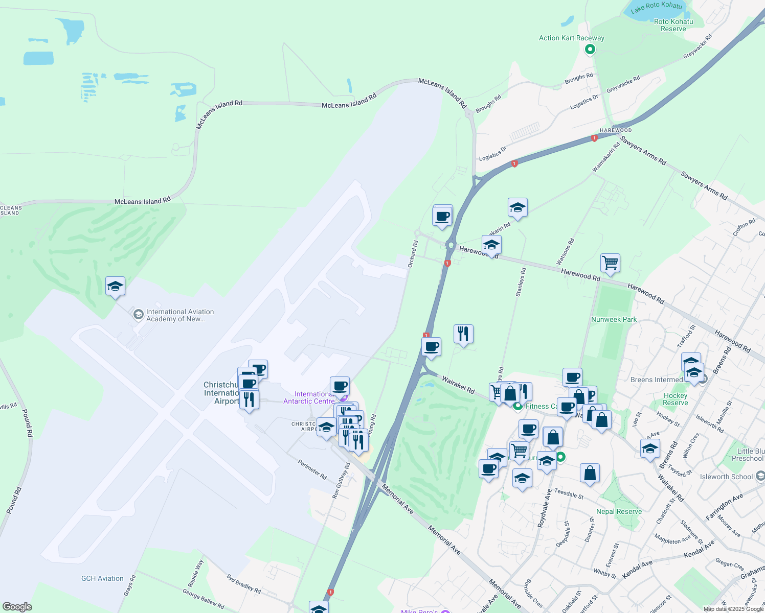 map of restaurants, bars, coffee shops, grocery stores, and more near in Christchurch