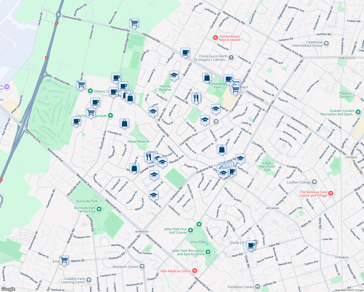 map of restaurants, bars, coffee shops, grocery stores, and more near 0 Farrington Avenue in Christchurch