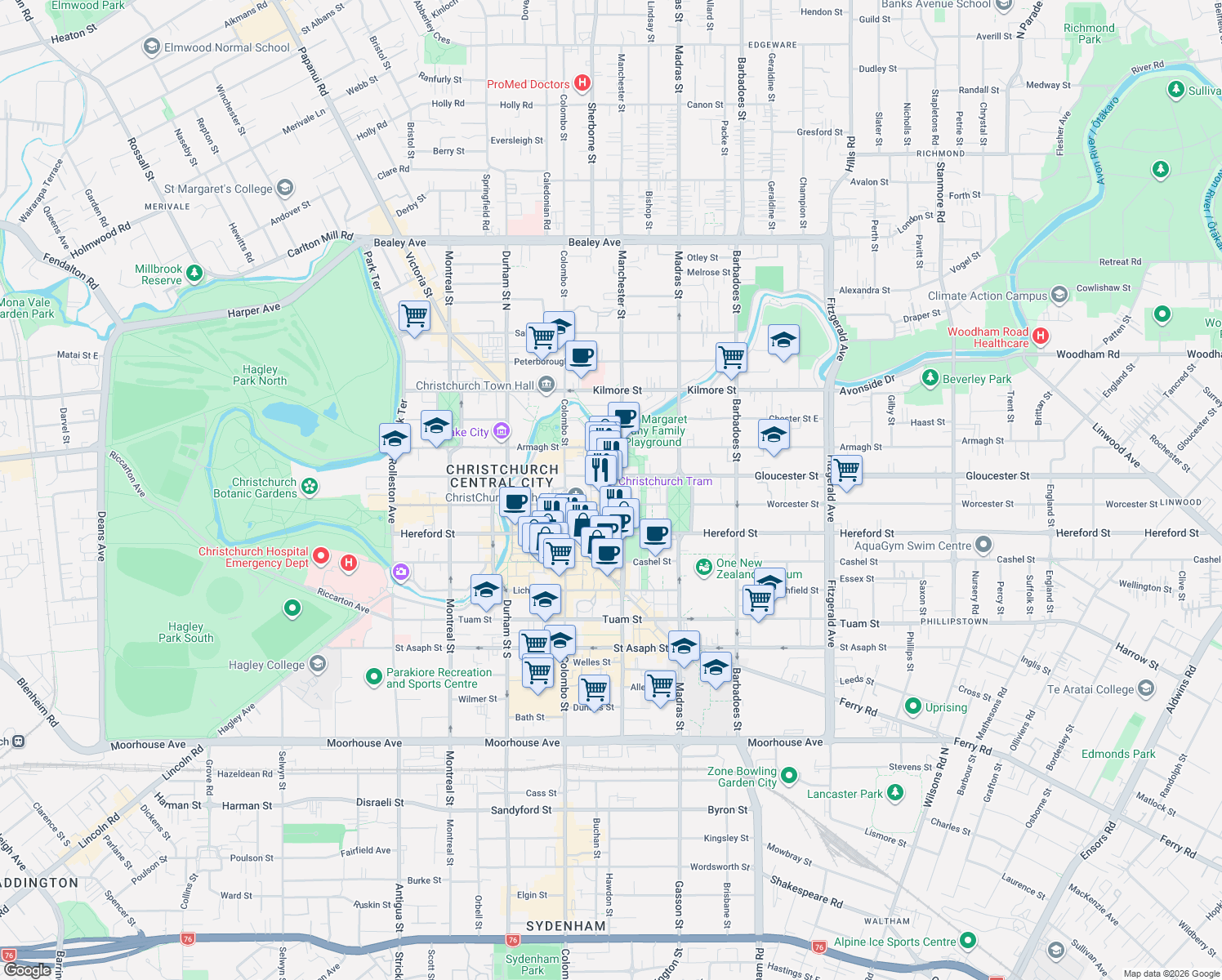 map of restaurants, bars, coffee shops, grocery stores, and more near 117 Worcester Street in Christchurch