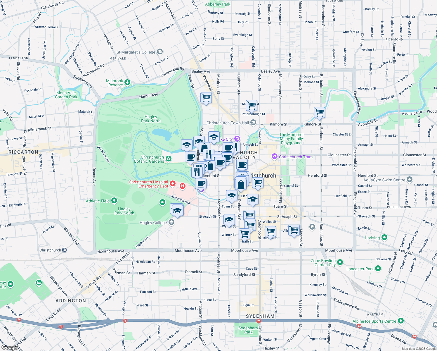 map of restaurants, bars, coffee shops, grocery stores, and more near in Christchurch