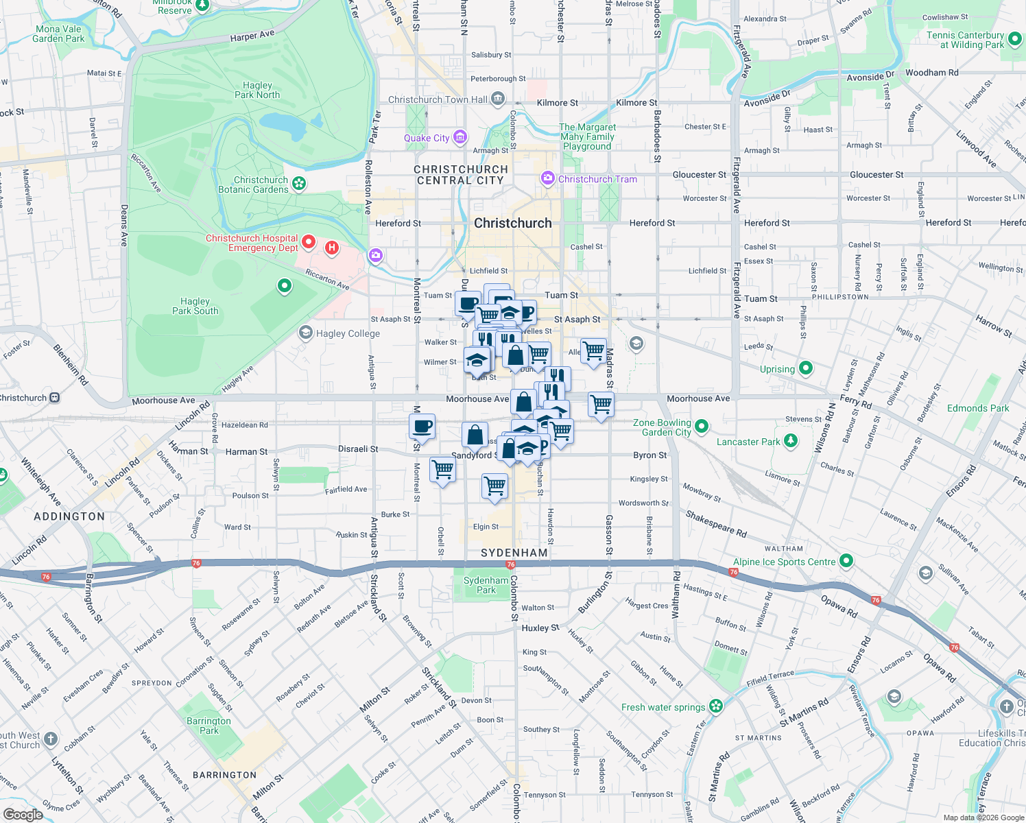 map of restaurants, bars, coffee shops, grocery stores, and more near Colombo Street in Christchurch