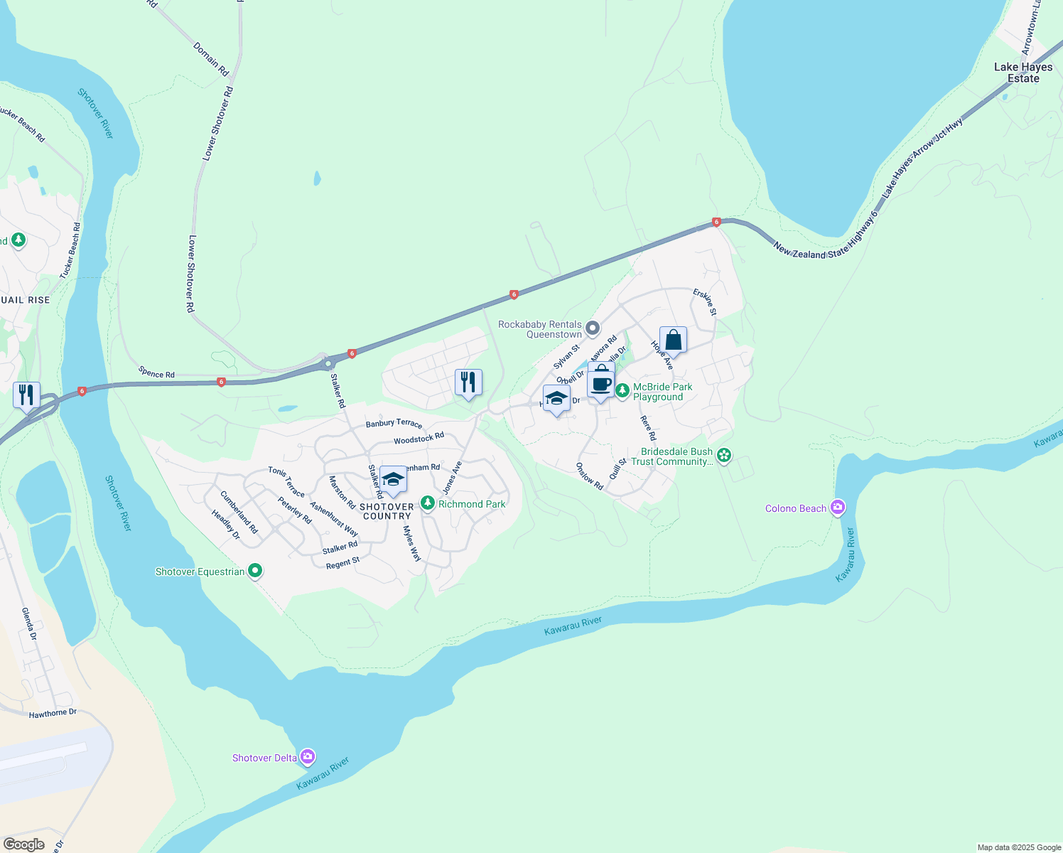 map of restaurants, bars, coffee shops, grocery stores, and more near 15 Luna Place in Lake Hayes Estate